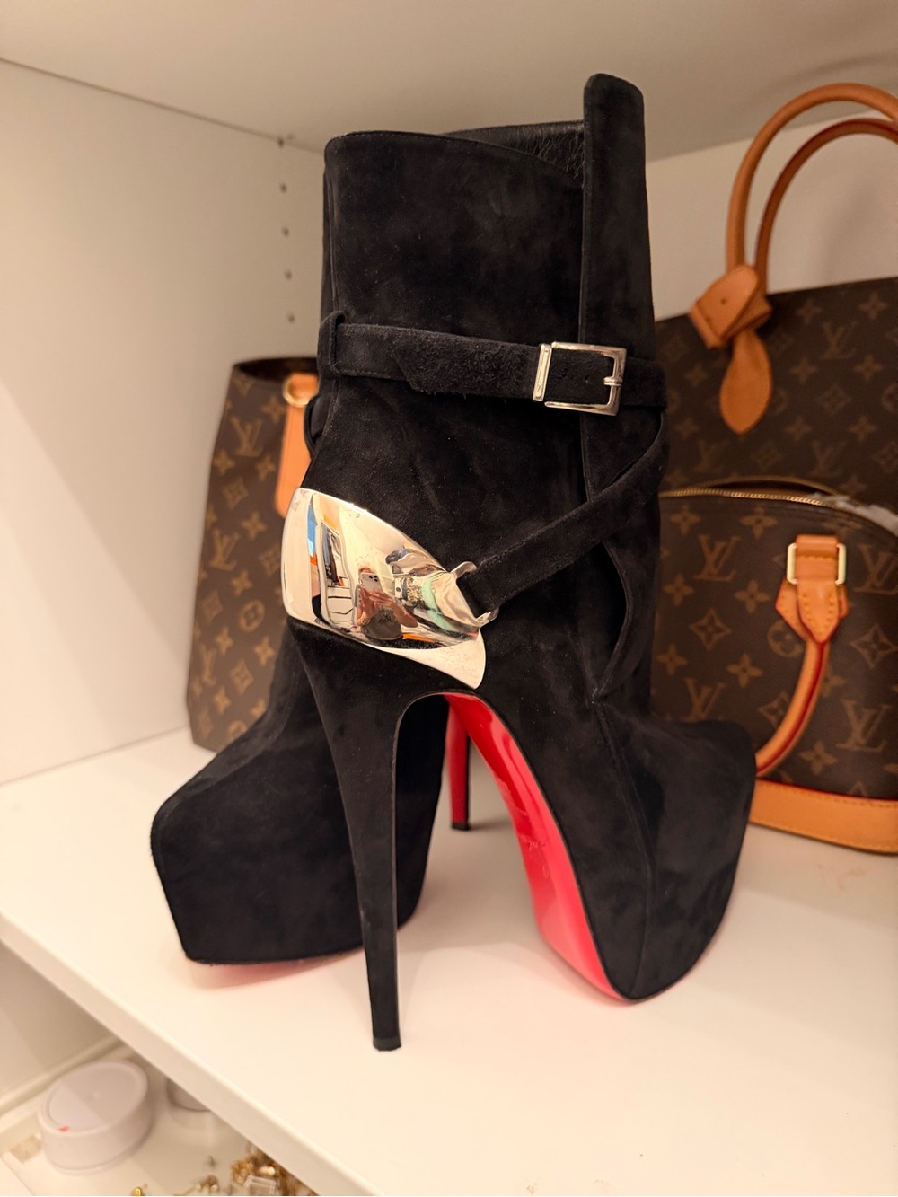 Christian Louboutin Black Suede Platform Ankle Boots with Red Sole